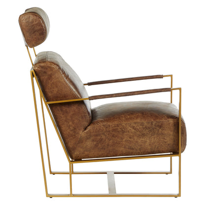 Loft Brown Leather Lounge Chair with Rose Gold Iron Frame