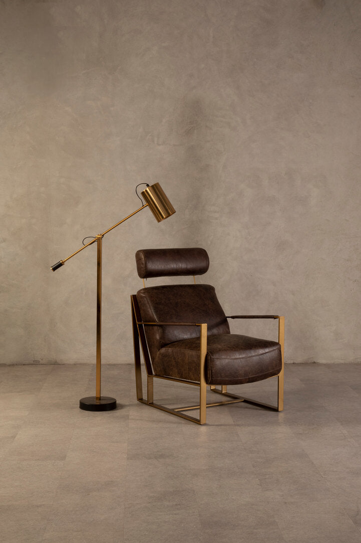 Loft Brown Leather Lounge Chair with Rose Gold Iron Frame