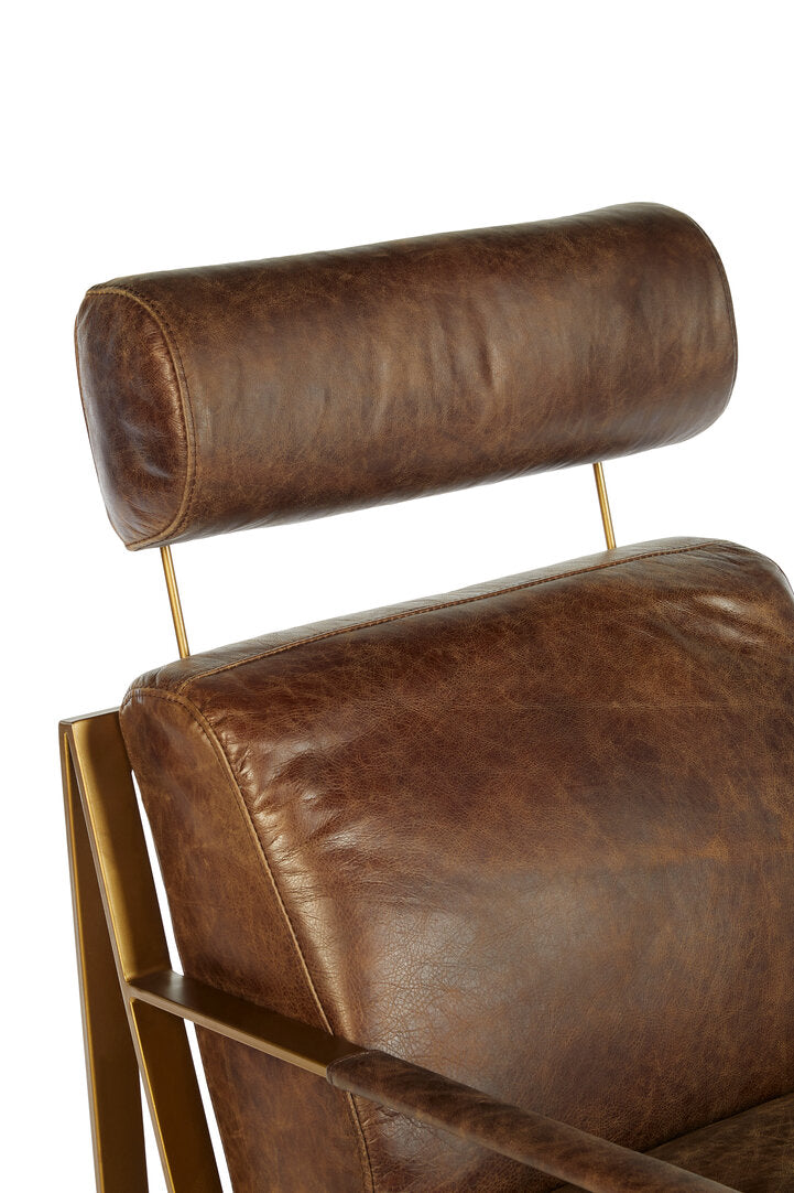 Loft Brown Leather Lounge Chair with Rose Gold Iron Frame