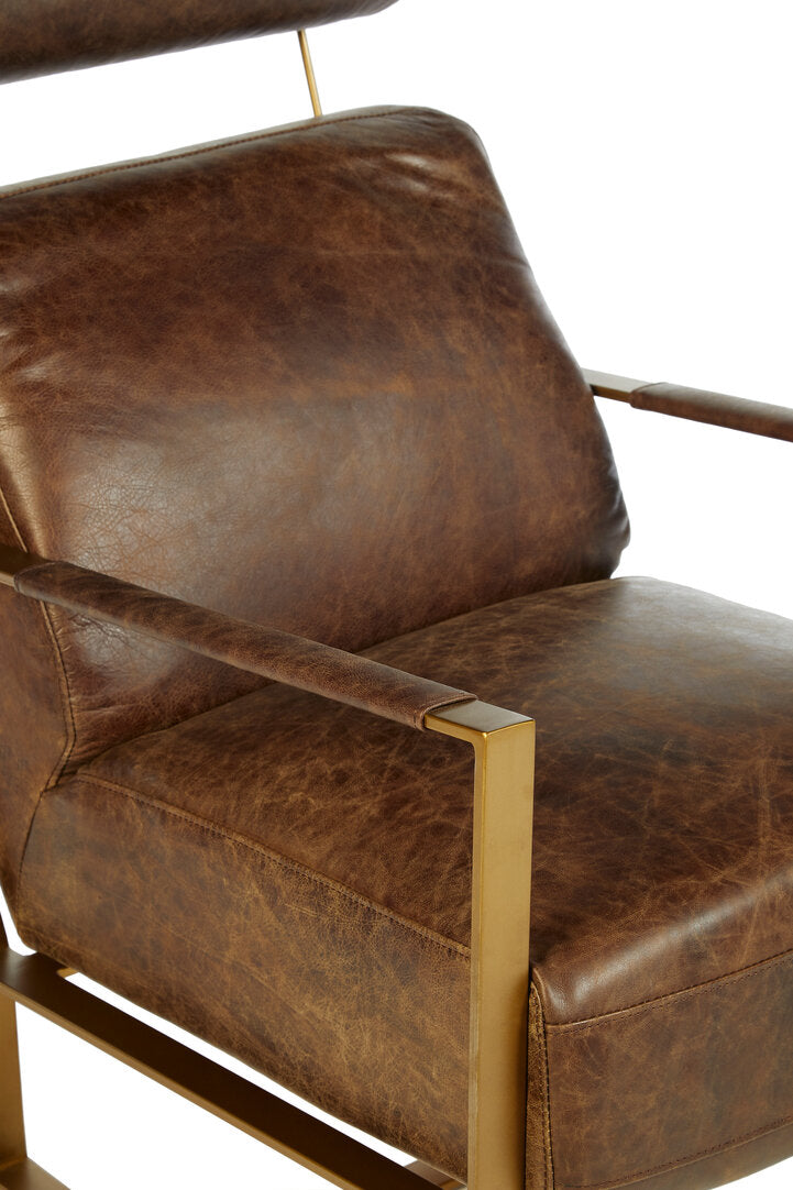 Loft Brown Leather Lounge Chair with Rose Gold Iron Frame
