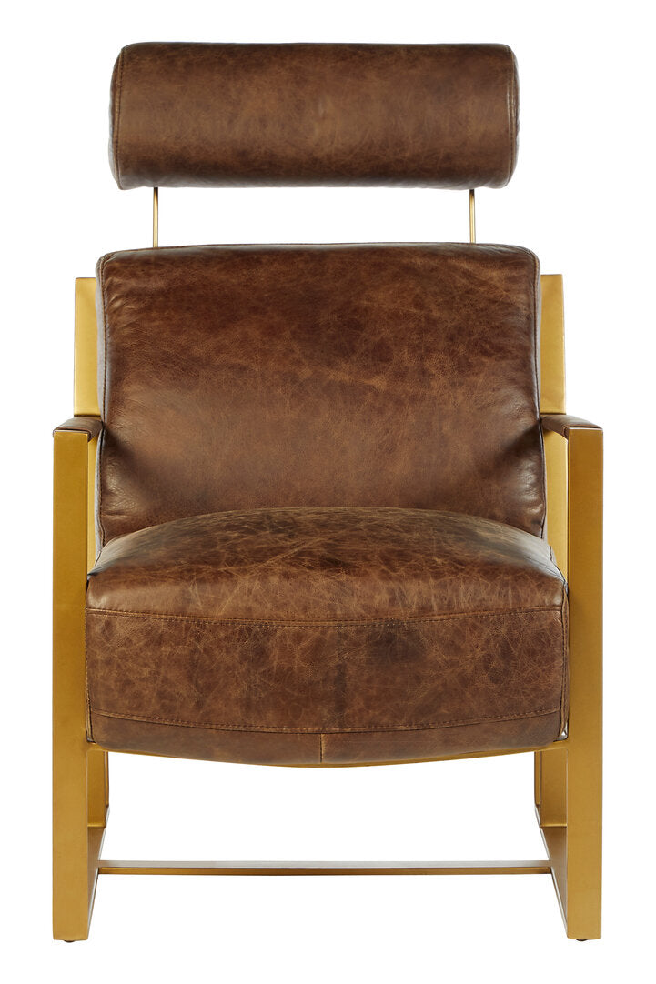 Loft Brown Leather Lounge Chair with Rose Gold Iron Frame