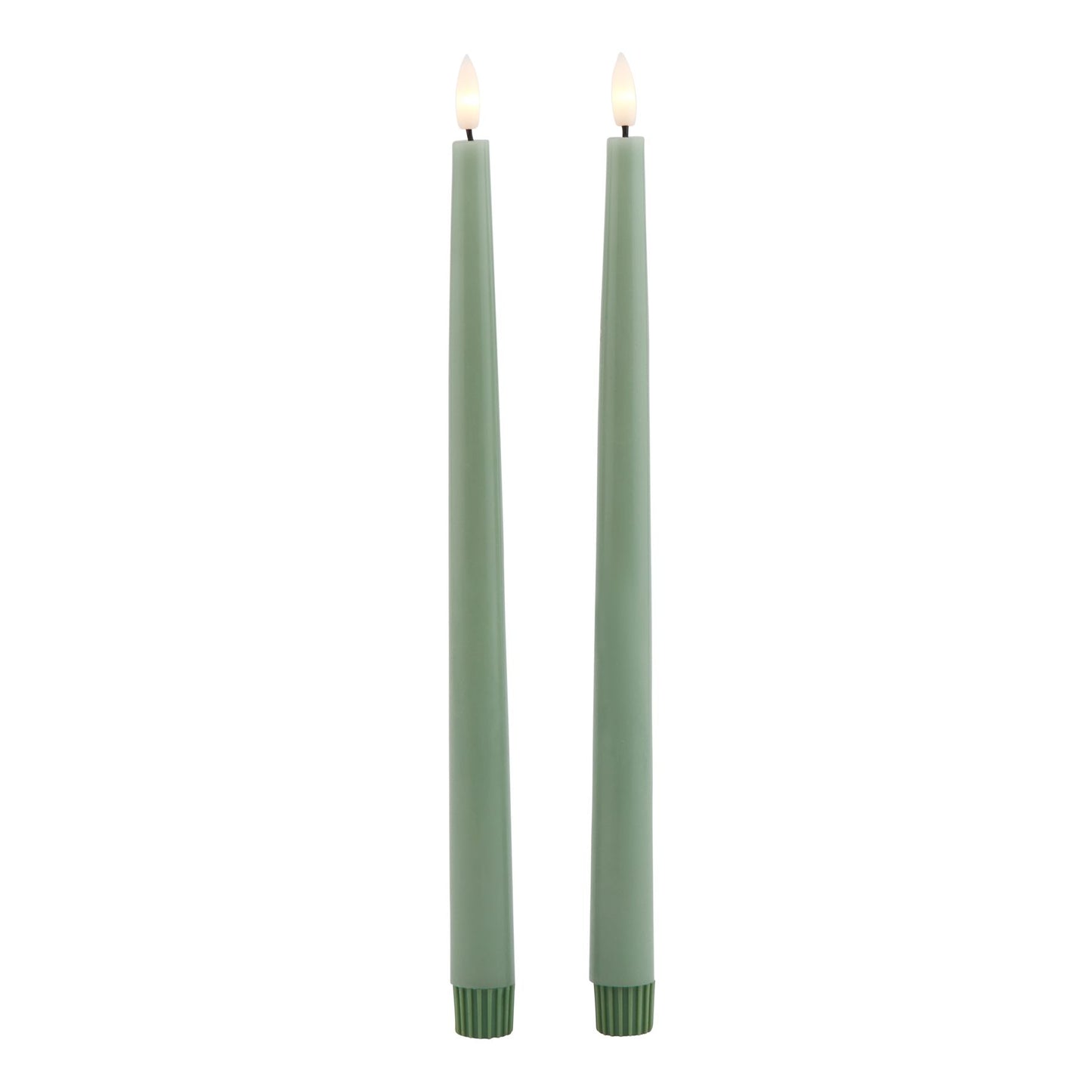 Sage LED wax dinner candles. Tall, tapered design with a warm glow, perfect for elegant dining and decor.