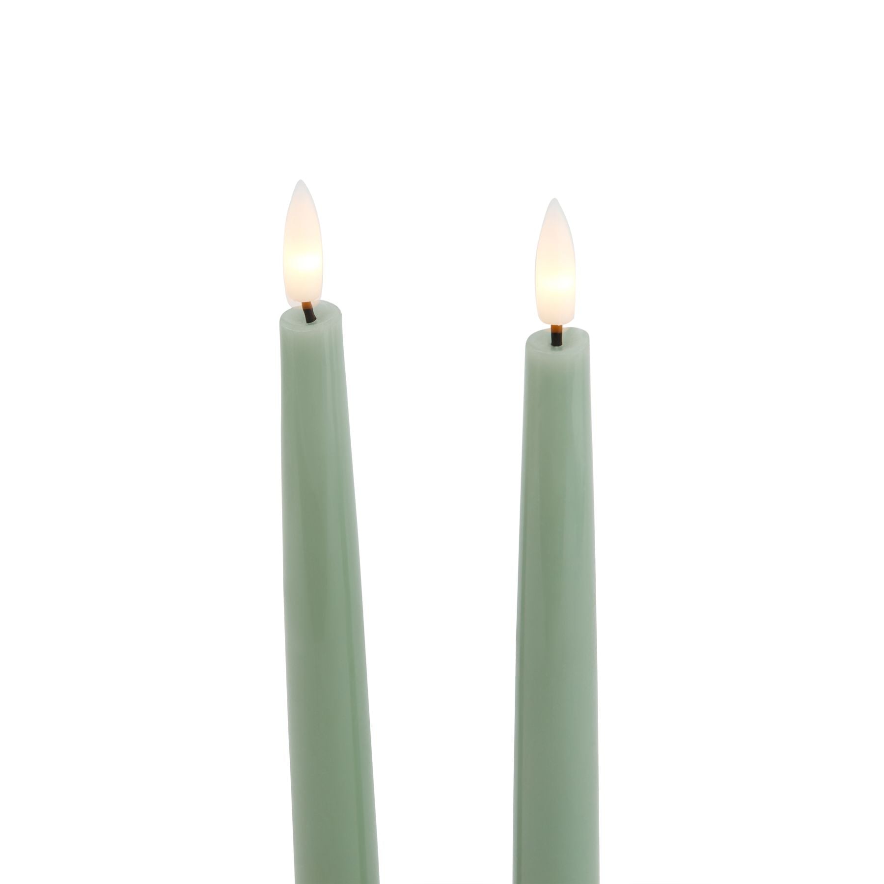 Sage green LED wax dinner candles with realistic flames, offering elegance and ambiance for stylish dining and décor.