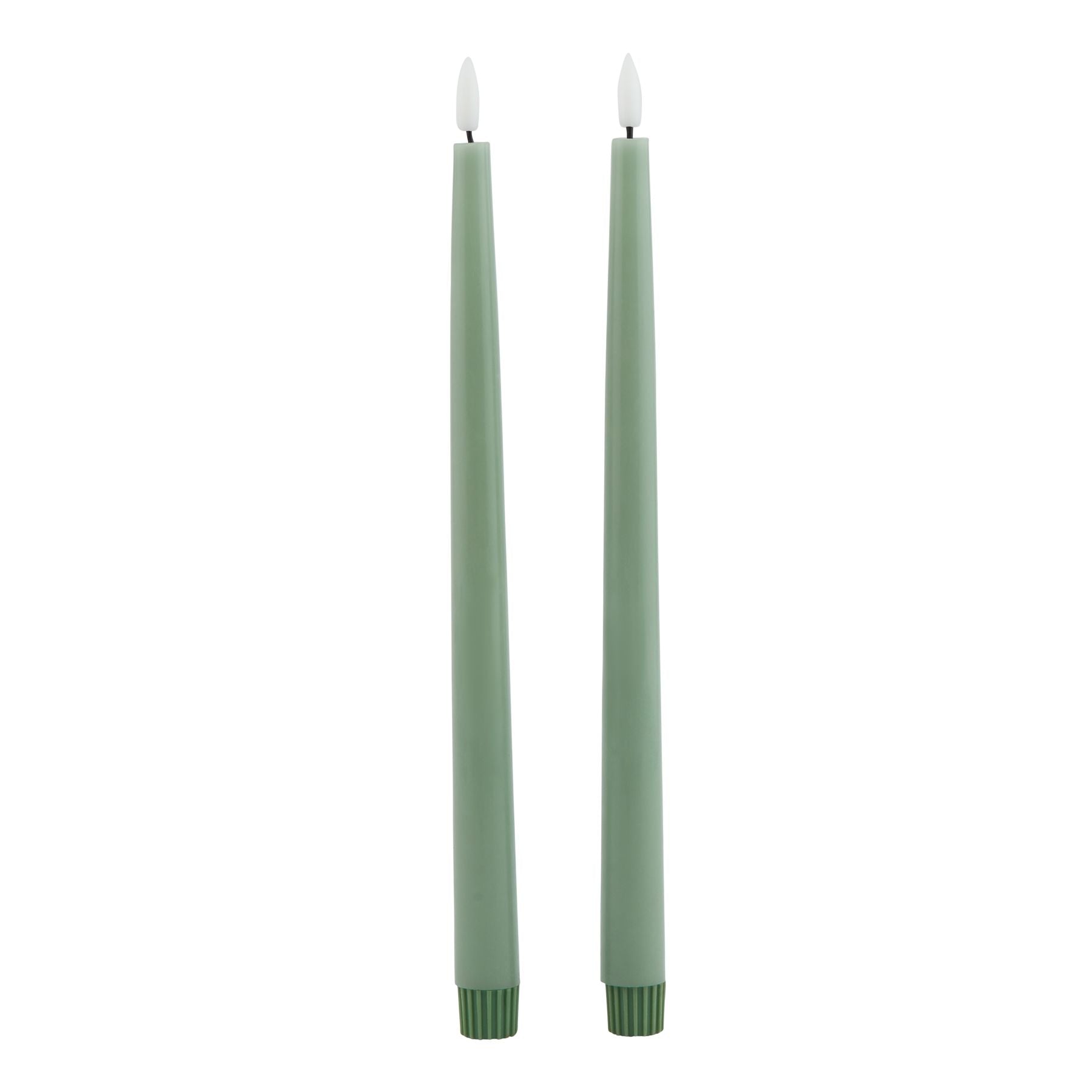 Sage LED wax dinner candles in a sleek tapered design, emitting a warm glow, ideal for elegant dining and décor.