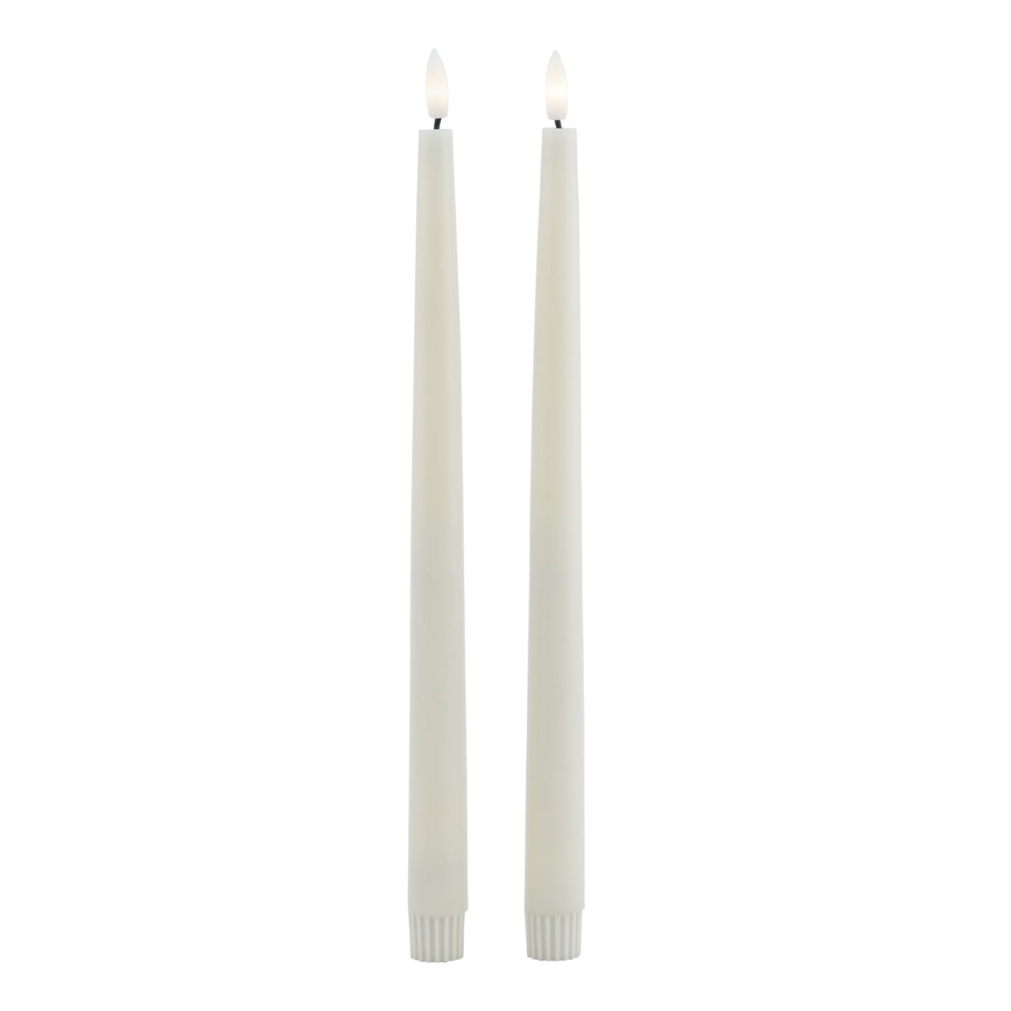 Tall, tapered taupe LED wax dinner candles, featuring a realistic melt effect and safe, battery-operated design for elegant ambiance.