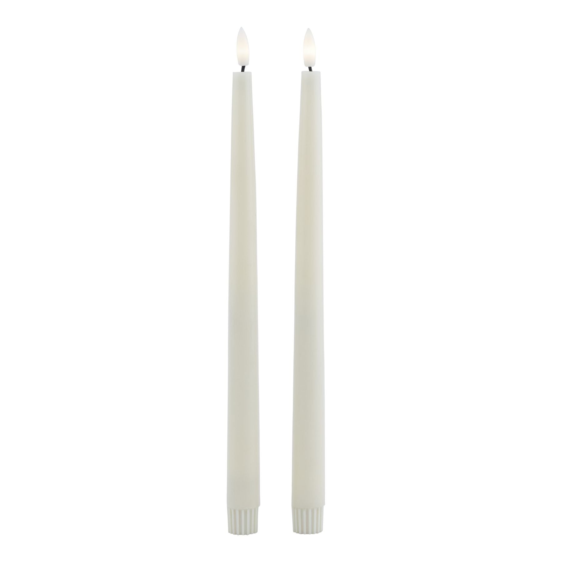 Tall, tapered taupe LED wax dinner candles, featuring a realistic melt effect and safe, battery-operated design for elegant ambiance.