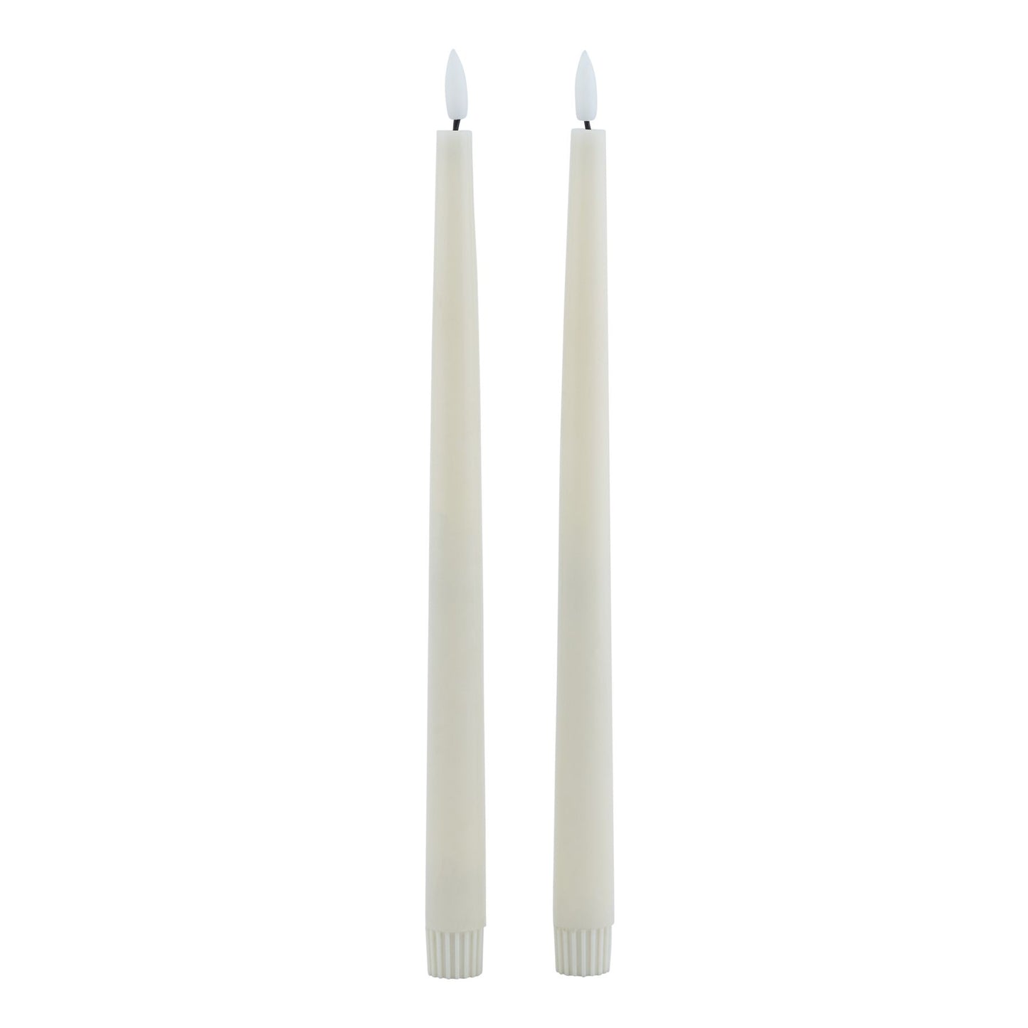 Two taupe LED wax dinner candles with a realistic melt effect and flickering flame illusion, perfect for elegant décor.