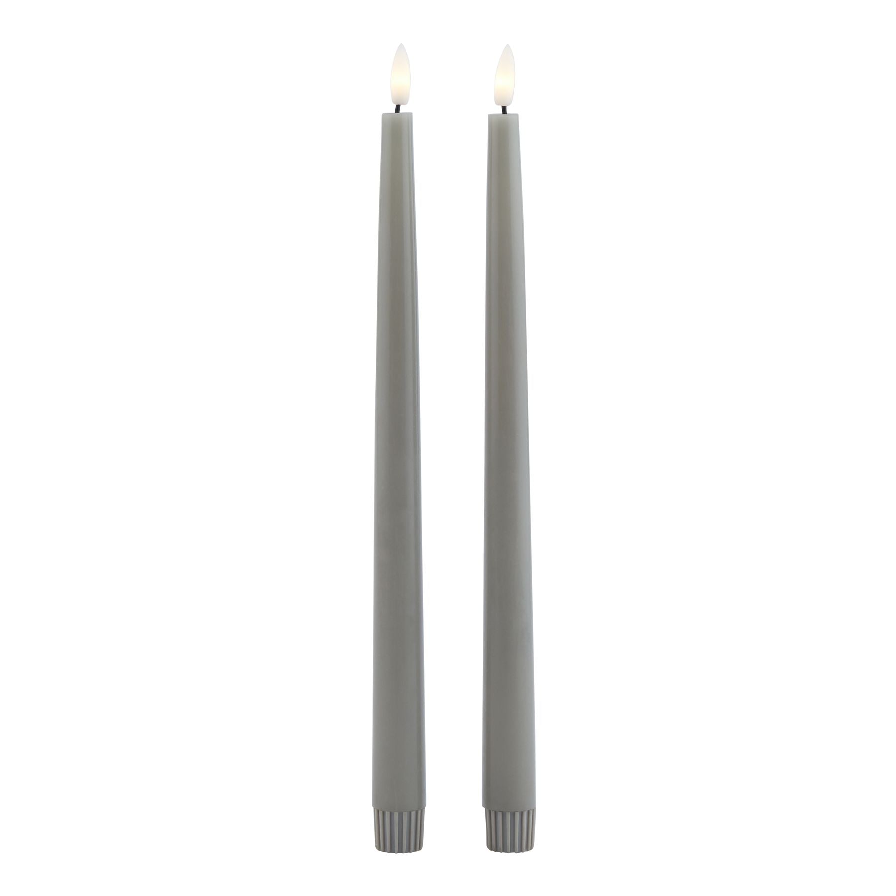 Two elegant, tall grey LED wax dinner candles with a realistic flicker effect, perfect for creating a cozy, sophisticated ambiance.
