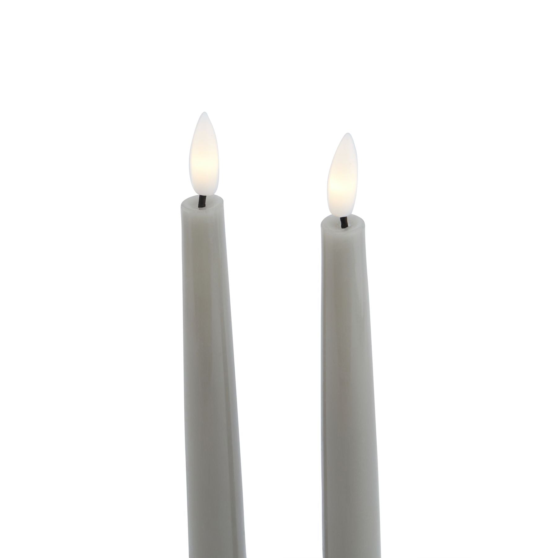 Two sleek grey LED wax dinner candles with flickering flame tops, perfect for creating an elegant ambiance without fire risks.