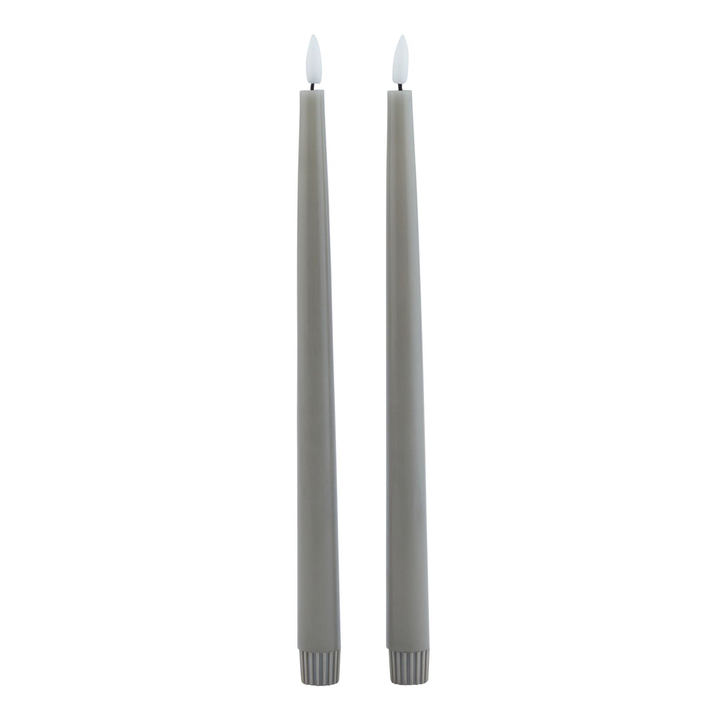 Pair of elegant grey LED wax dinner candles with realistic flickering flame, designed to enhance any sophisticated setting.