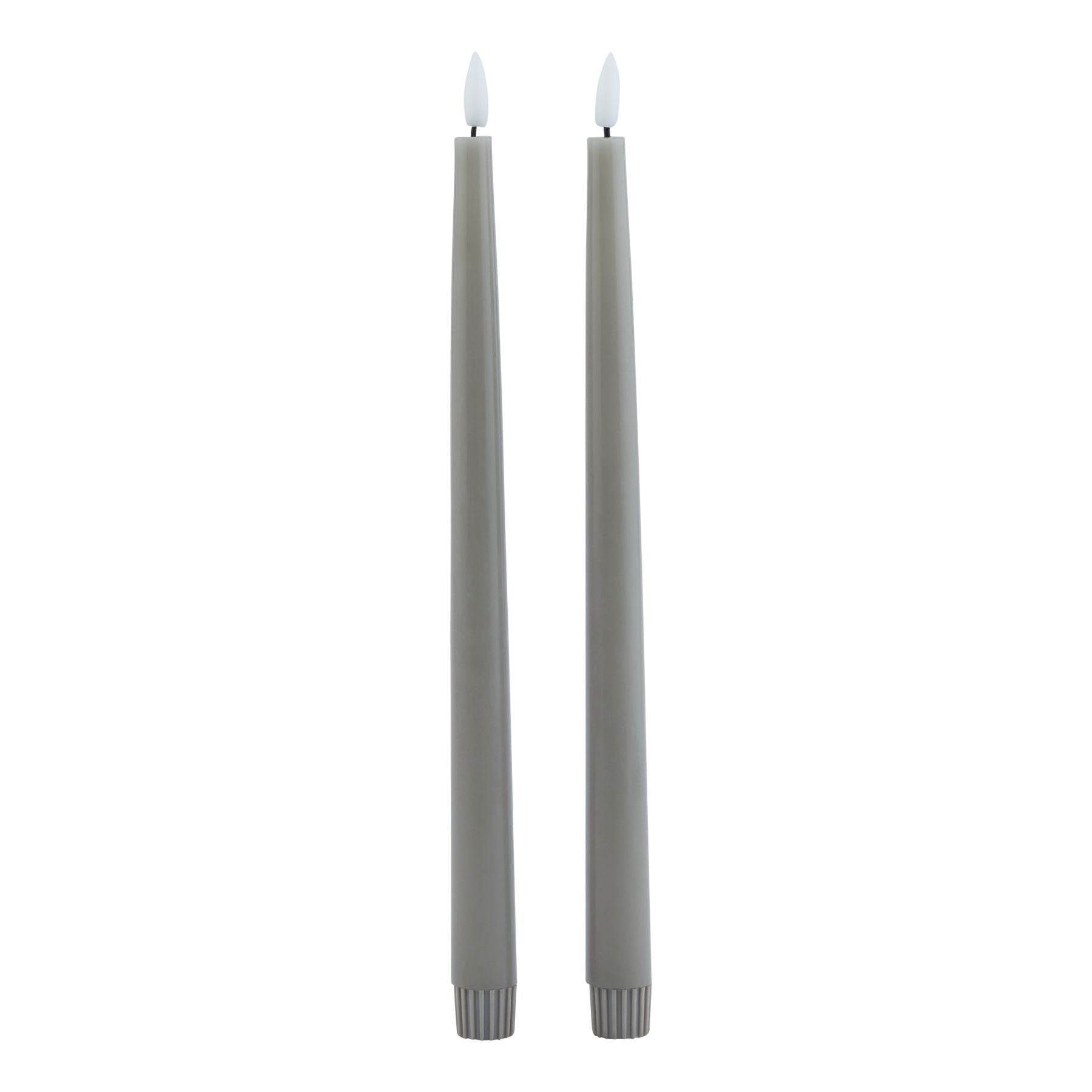 Pair of elegant grey LED wax dinner candles with realistic flickering flame, designed to enhance any sophisticated setting.