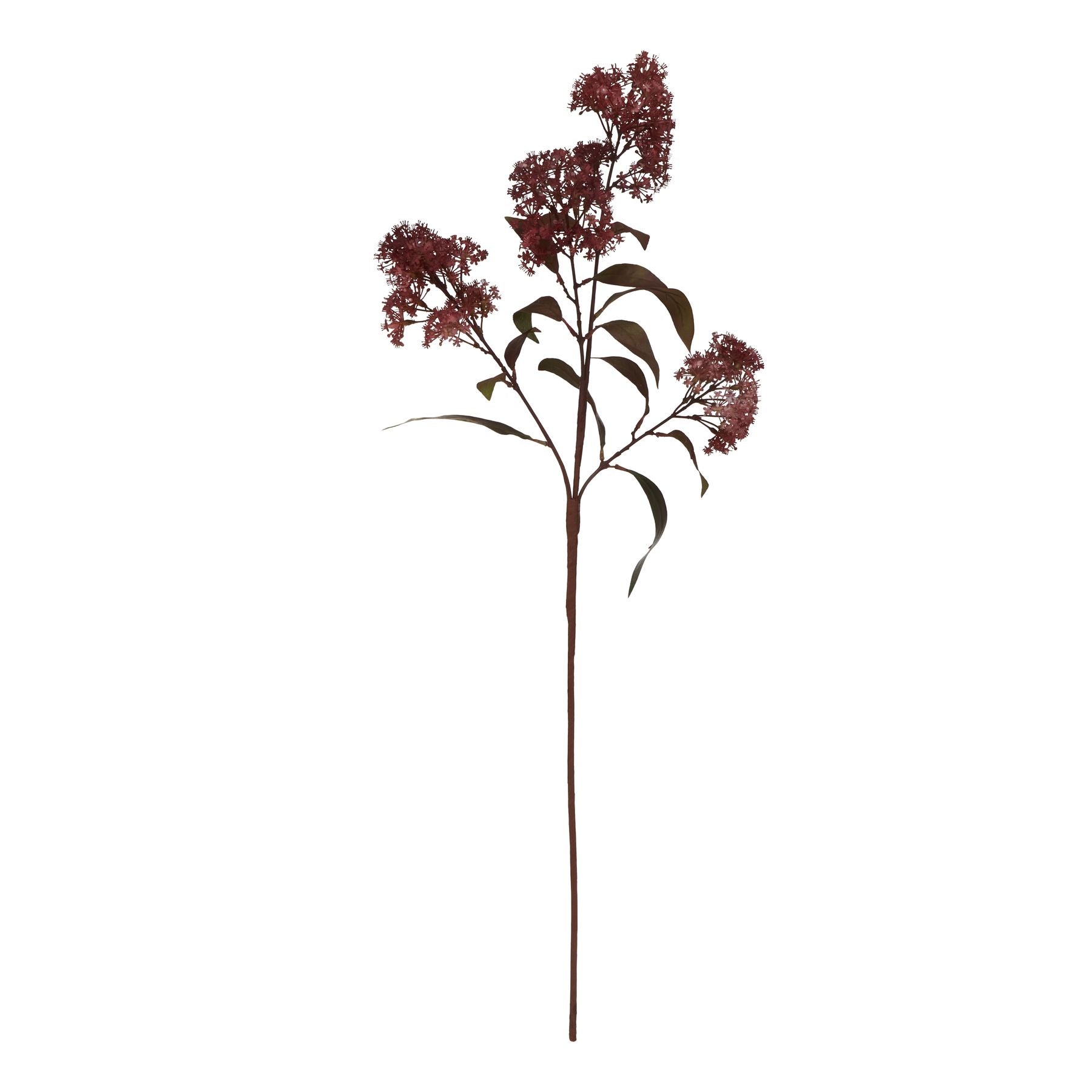 Burgundy artificial smokebush stem with delicate, smoky blooms and green leaves, adding elegance to floral arrangements.