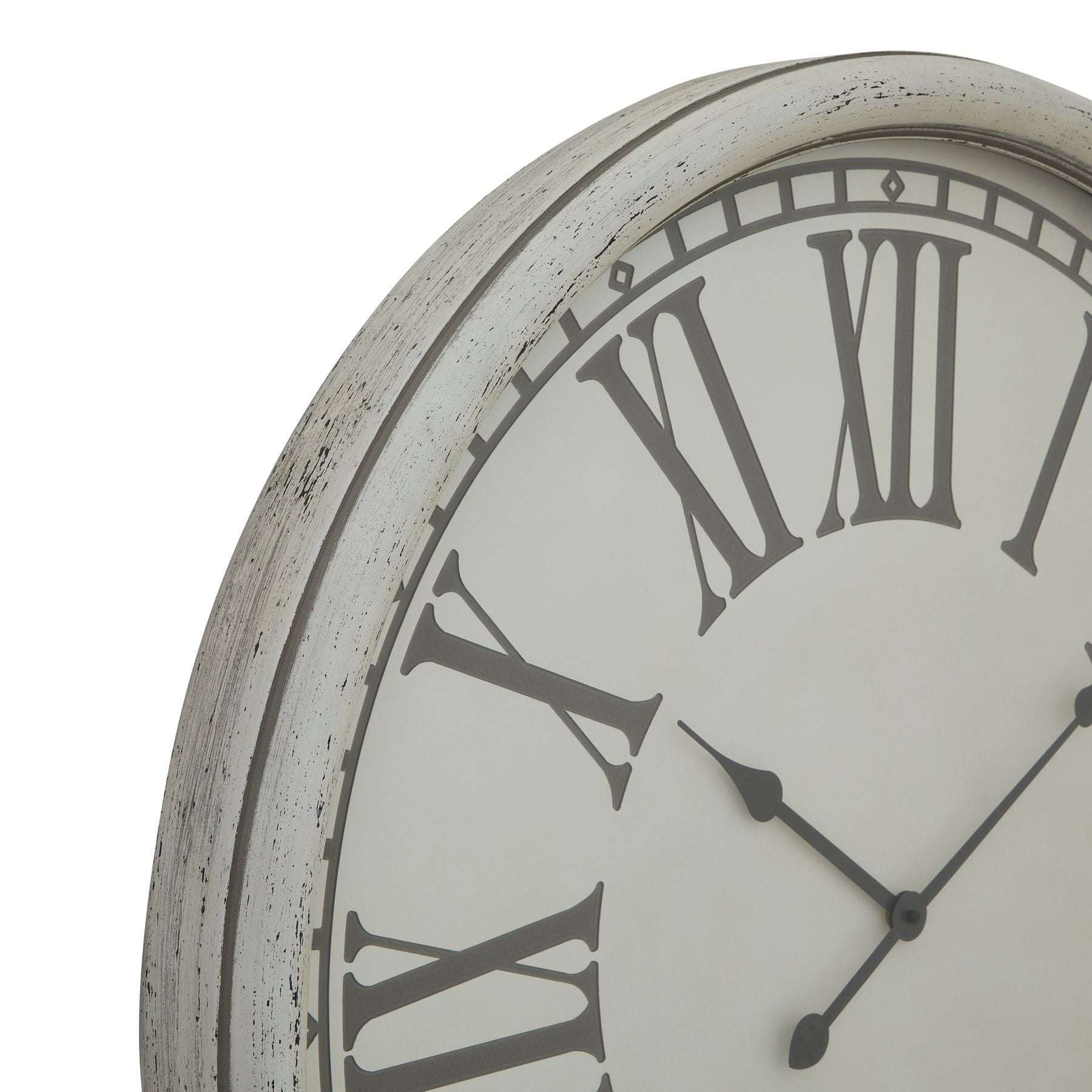 White embossed wall clock featuring large Roman numerals and elegant glass detailing, adding sophistication to any space.