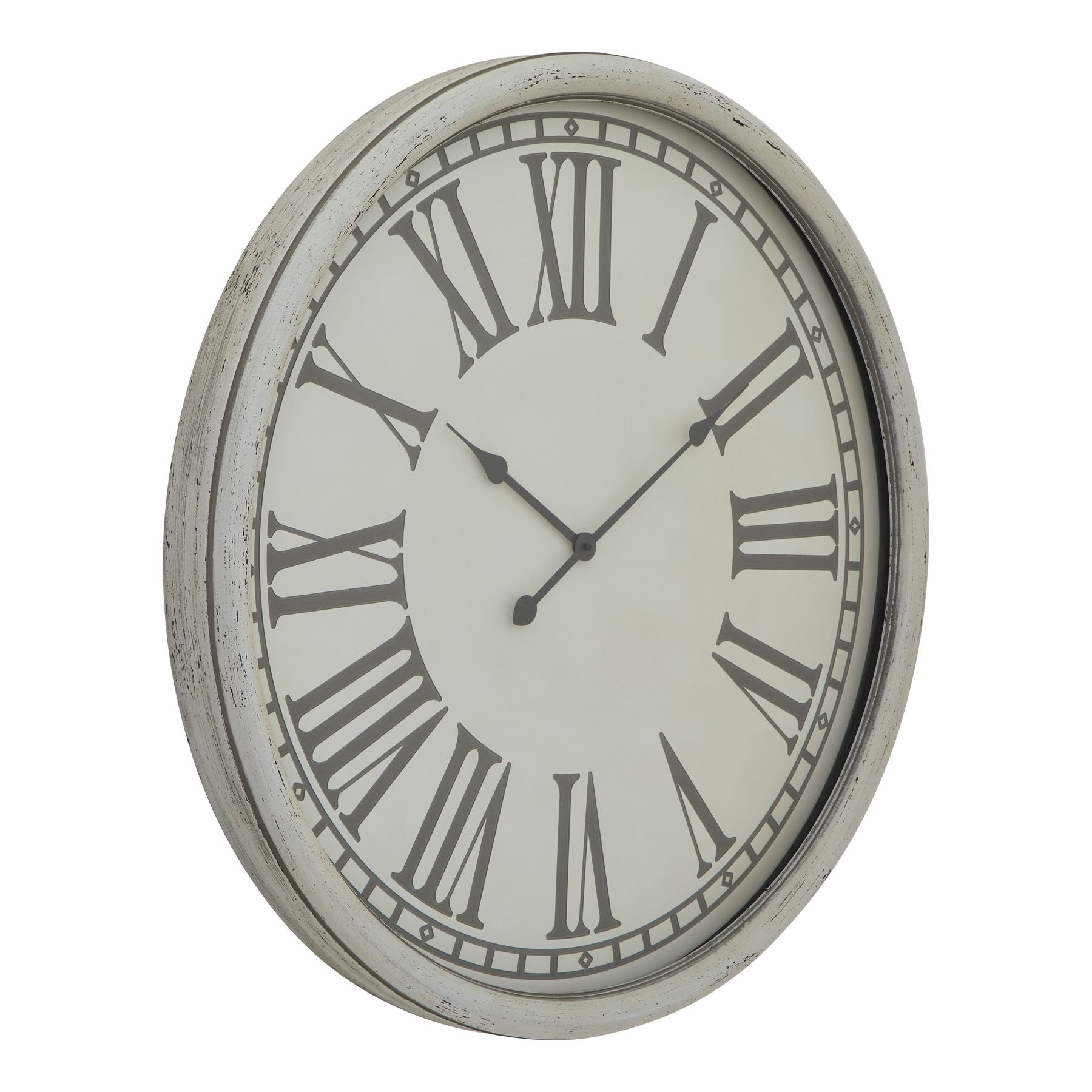 Elegant white wall clock featuring a textured embossed frame, Roman numerals, and black hour and minute hands for a sophisticated touch.