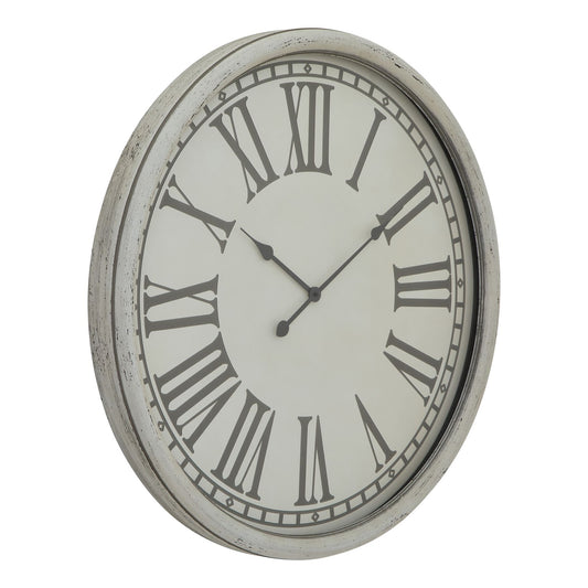 Elegant white wall clock featuring a textured embossed frame, Roman numerals, and black hour and minute hands for a sophisticated touch.
