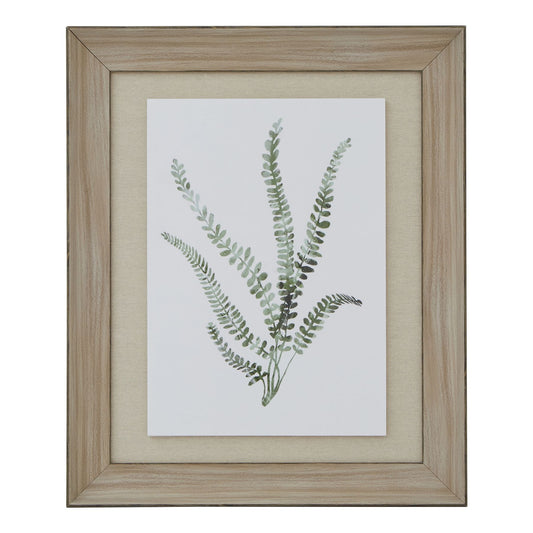 Delicate watercolor fern print in soft greens, framed in rustic washed wood, exuding serene botanical elegance.