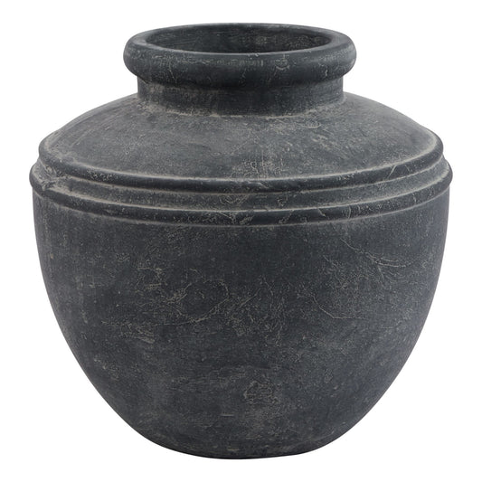 Weathered grey indoor water pot with ribbed detailing and wide neck, exuding Mediterranean charm and sophistication.