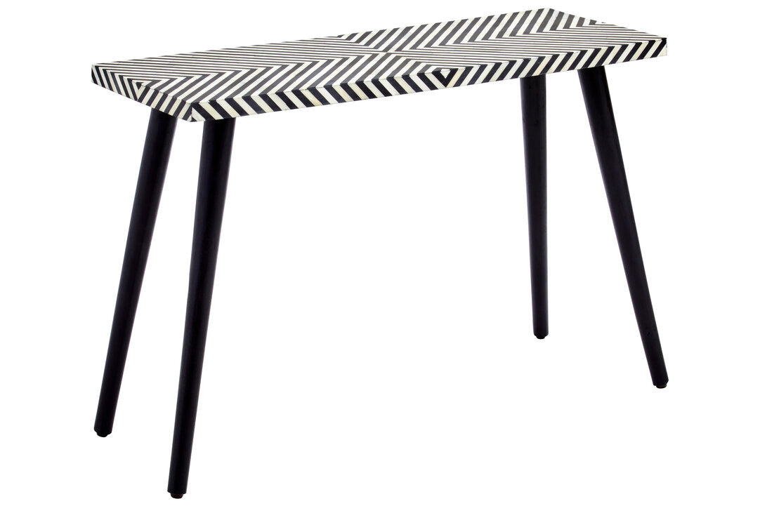 Indie Black and White Bone Inlay Console Table with Metal Legs