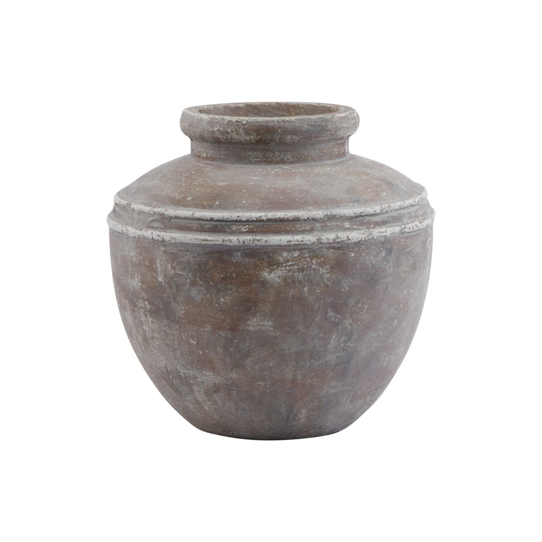 Distressed brown ceramic water pot with a rounded urn shape and subtle white detailing, perfect for plants or as decor.