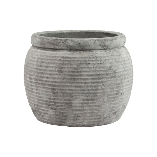 Rimmed large plant pot in a weathered gray finish, featuring a ribbed texture and classic design, perfect for indoor or outdoor use.