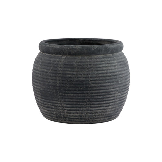 Matte grey, round plant pot with ribbed texture and subtle rim, ideal for stylish indoor arrangements for any decor.