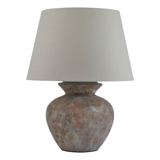 Ceramic table lamp with a weathered brown finish and a neutral beige linen shade, adding warm elegance to any space.