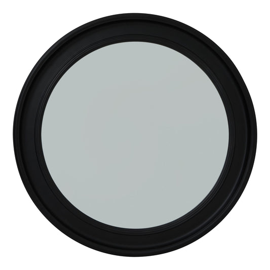 Sleek black wood round mirror with a minimalist design, perfect for modern interiors and stylish decor arrangements.