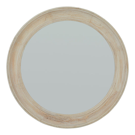 Washed wood round mirror with a weathered white frame, reflecting rustic charm and elegant simplicity for any decor.