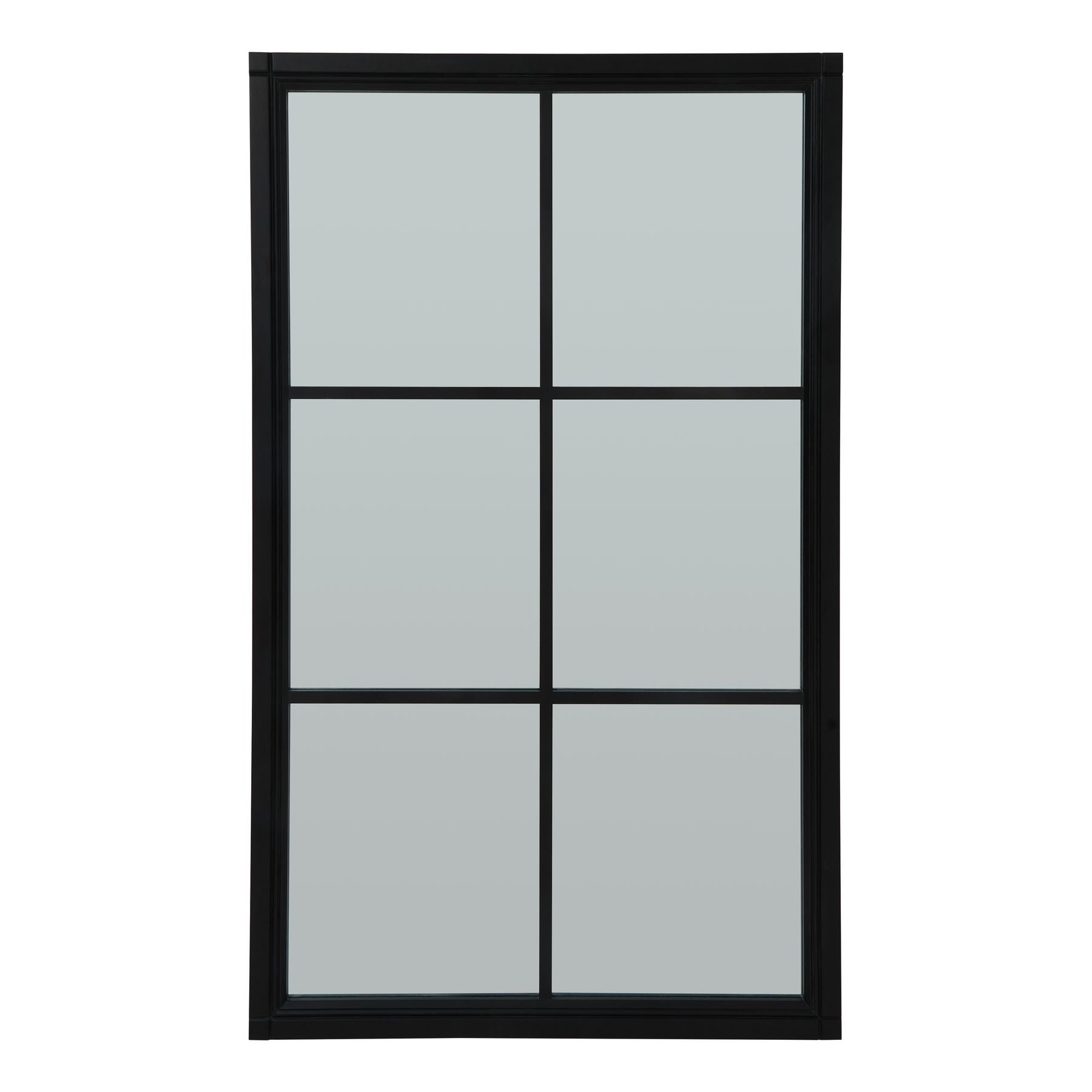Large black wood wall mirror featuring a grid pattern and divided panels, enhancing space and light with a modern touch.