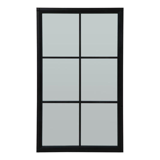 Large black wood wall mirror featuring a grid pattern and divided panels, enhancing space and light with a modern touch.