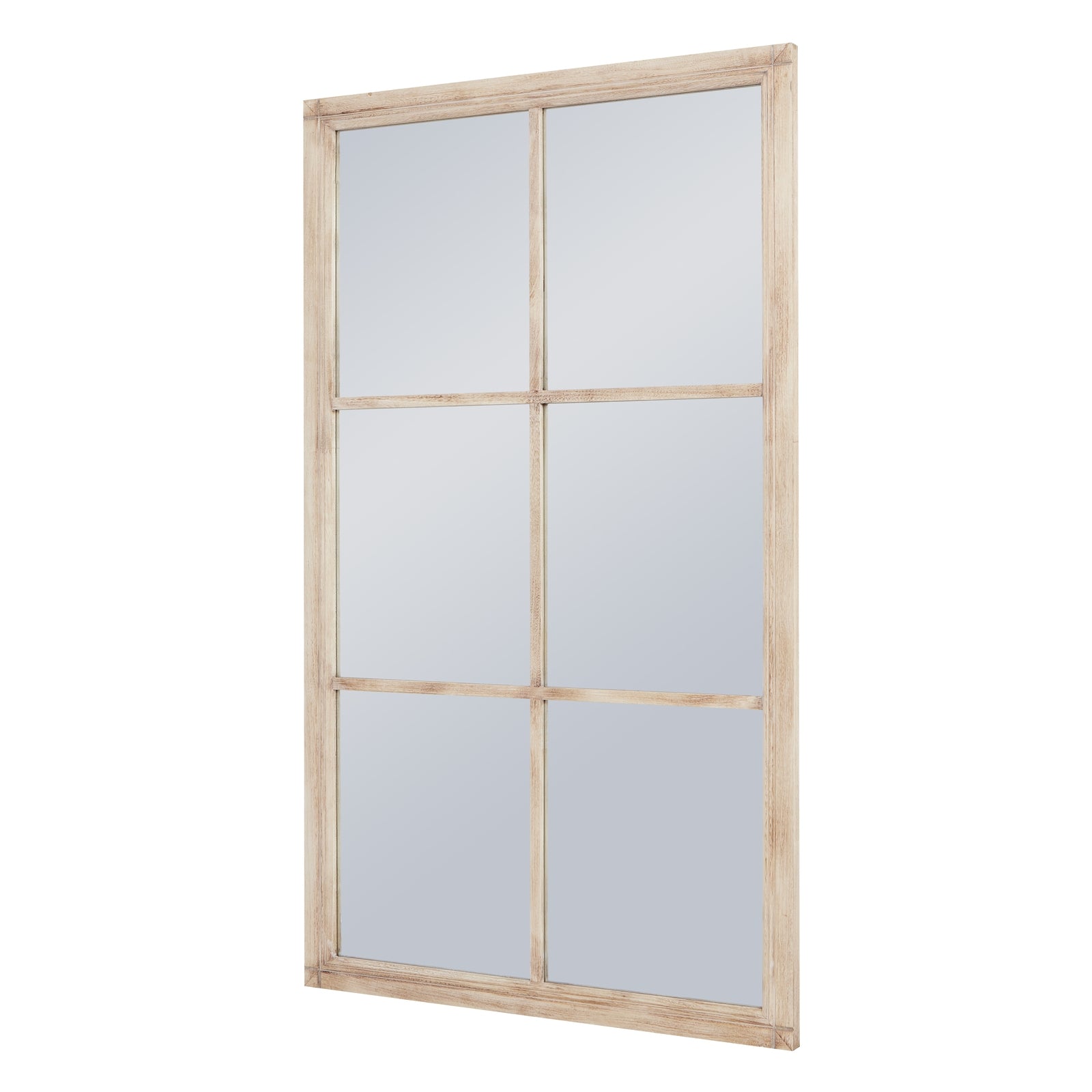 Large window mirror featuring a rustic washed wood frame with six reflective panes, combining elegance and charm in a versatile design.