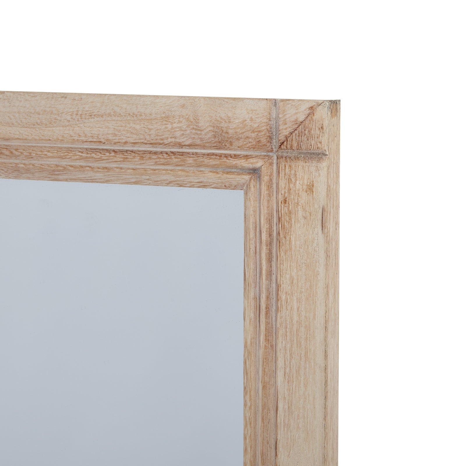 Large window mirror featuring a rustic washed wood frame with a weathered finish, ideal for enhancing any living space.