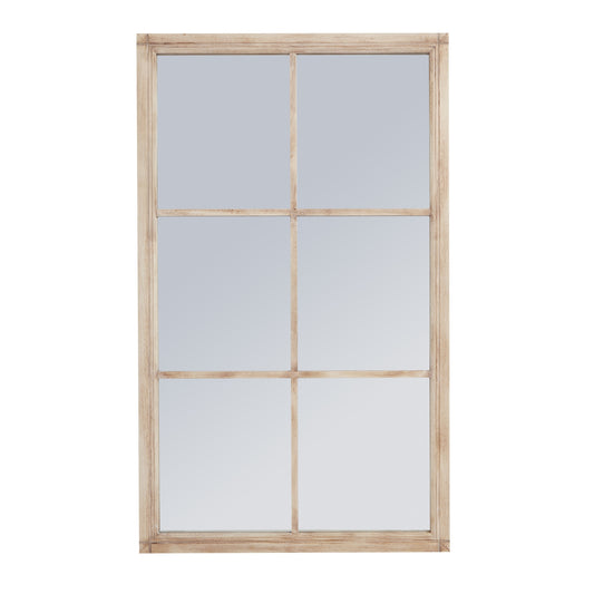 Large wall mirror with a washed wood frame, featuring a window-style design and a rustic weathered finish, adding warmth to any space.