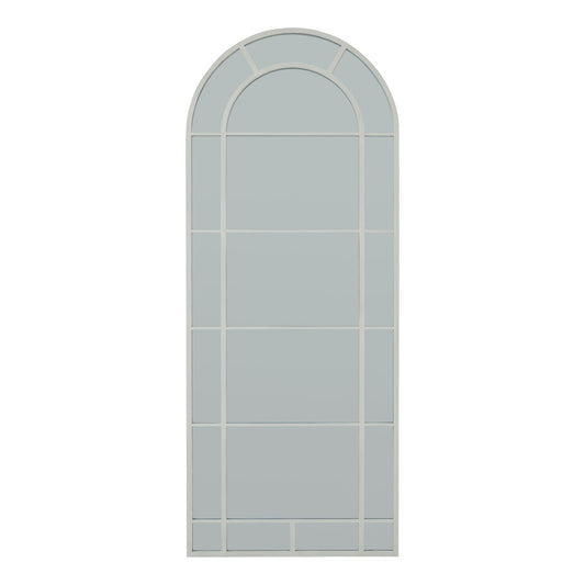 Elegant white arched wall mirror inspired by Gothic architecture, featuring a clean frame and intricate detailing. Perfect focal point.