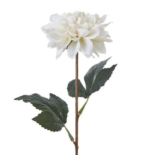 Tall white dahlia with lifelike petals and vibrant green leaves, adding elegance to any decor style.