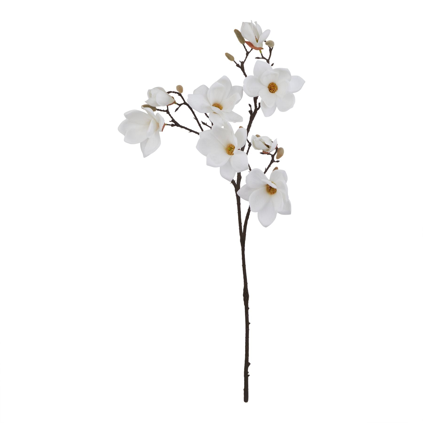 White magnolia stem features delicate, lifelike petals and slender brown stems, perfect for elegant home decor accents.