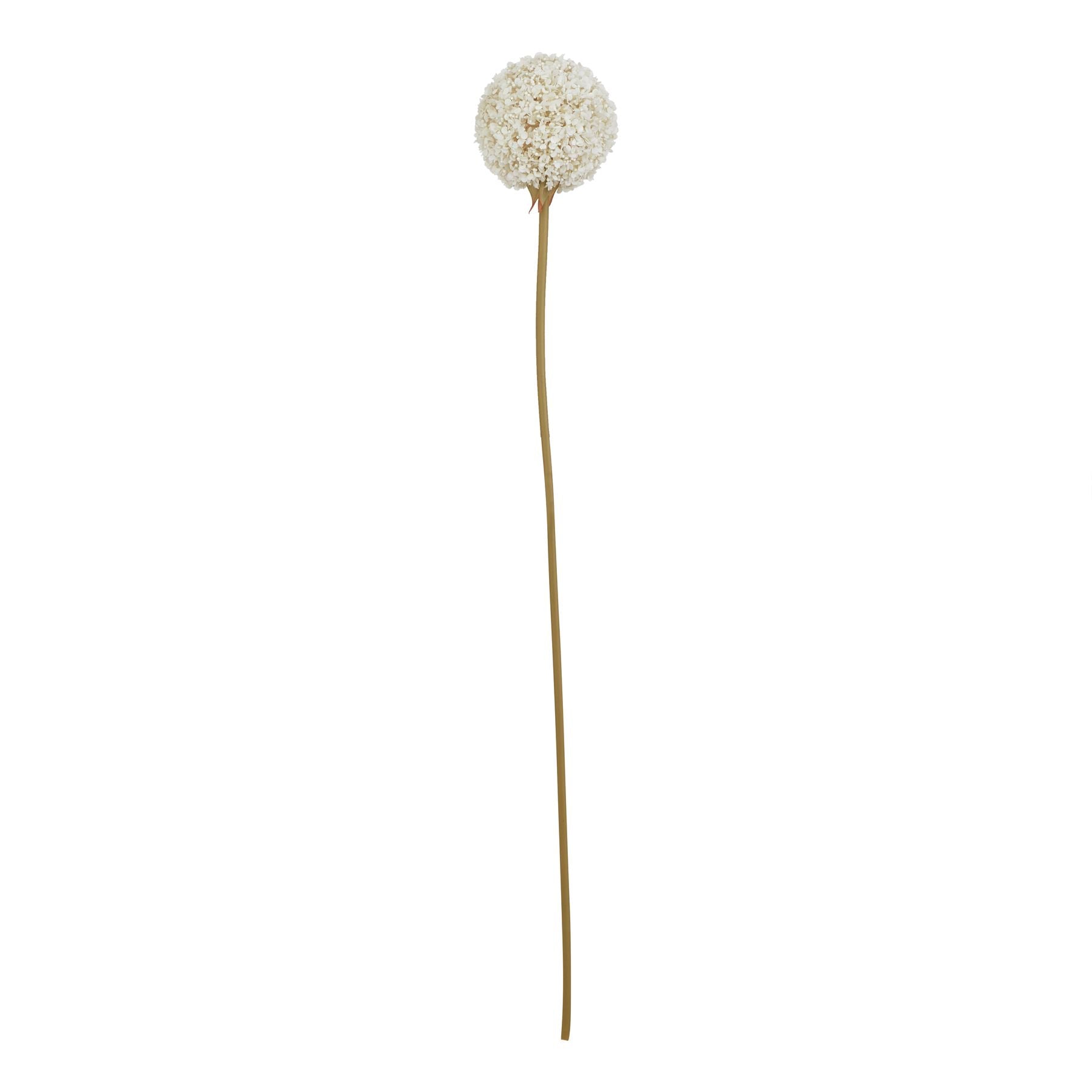 Elegant white allium faux flower on a long stem, featuring detailed star-shaped florets, perfect for stylish home decor.