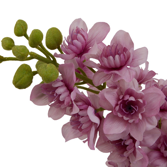 Tall, slender purple delphinium with delicate lavender florets and green buds, ideal for elegant year-round decor.