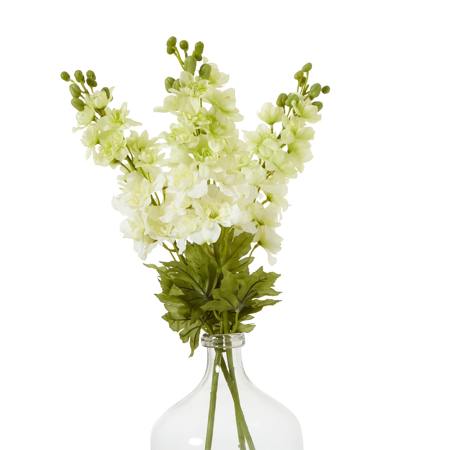 Lifelike white Elatum delphinium in a slender stem, adorned with delicate florets and green leaves, ideal for elegant decor.