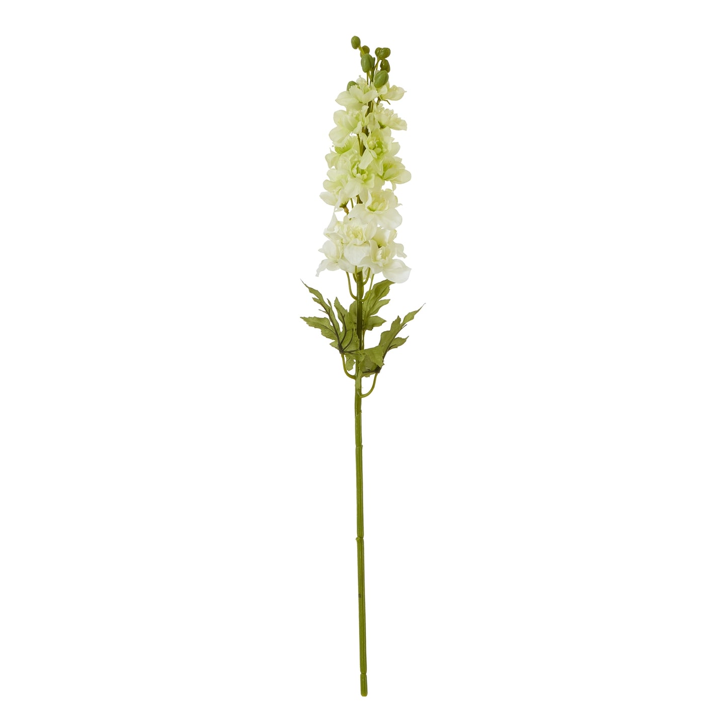 Lifelike white Elatum Delphinium stem with delicate florets and green leaves, perfect for elegant decor and romantic settings.