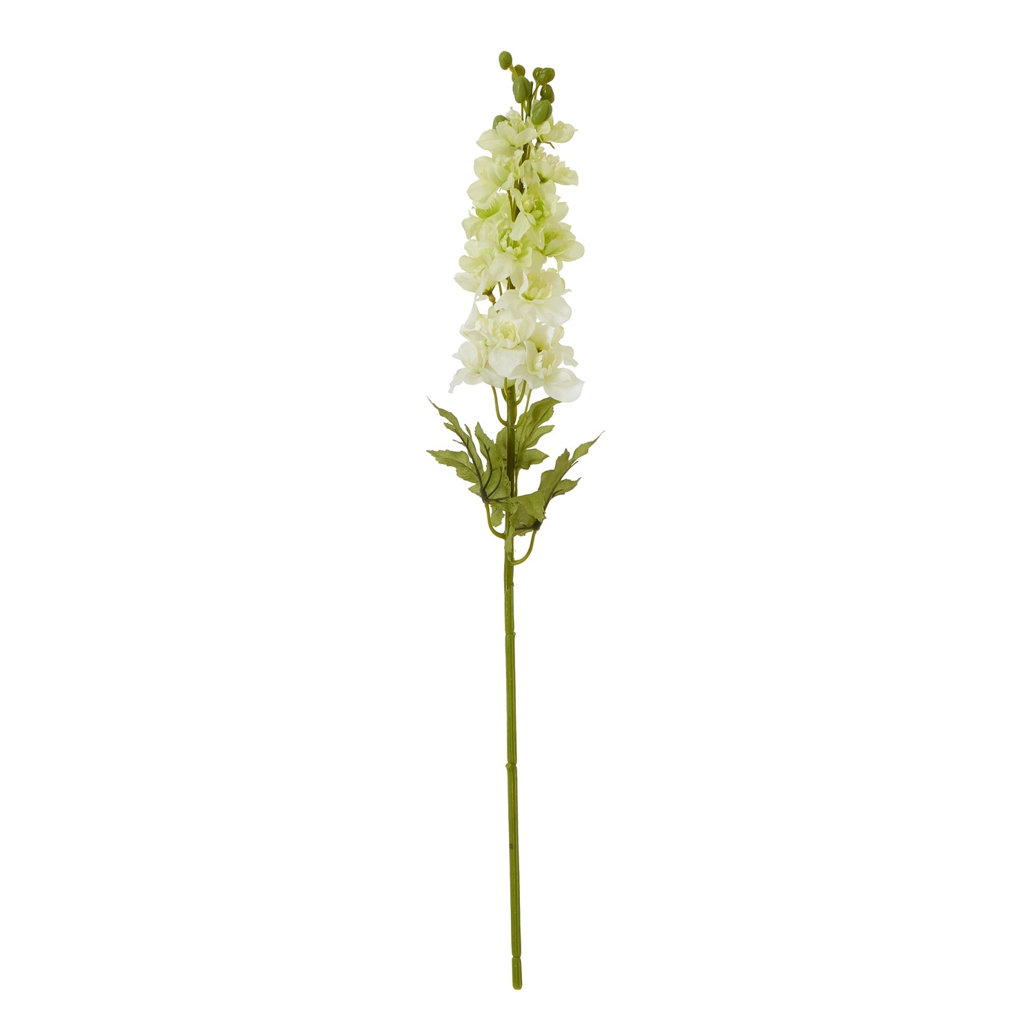 Lifelike white Elatum Delphinium stem with delicate florets and green leaves, perfect for elegant decor and romantic settings.