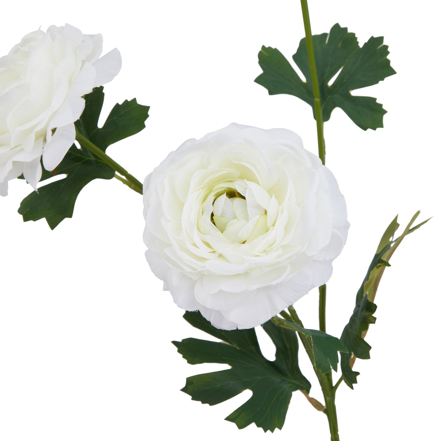 Elegant artificial white ranunculus with intricate layers and lush green leaves, perfect for sophisticated decor.