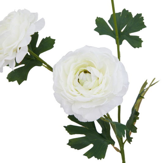 Elegant artificial white ranunculus with intricate layers and lush green leaves, perfect for sophisticated decor.