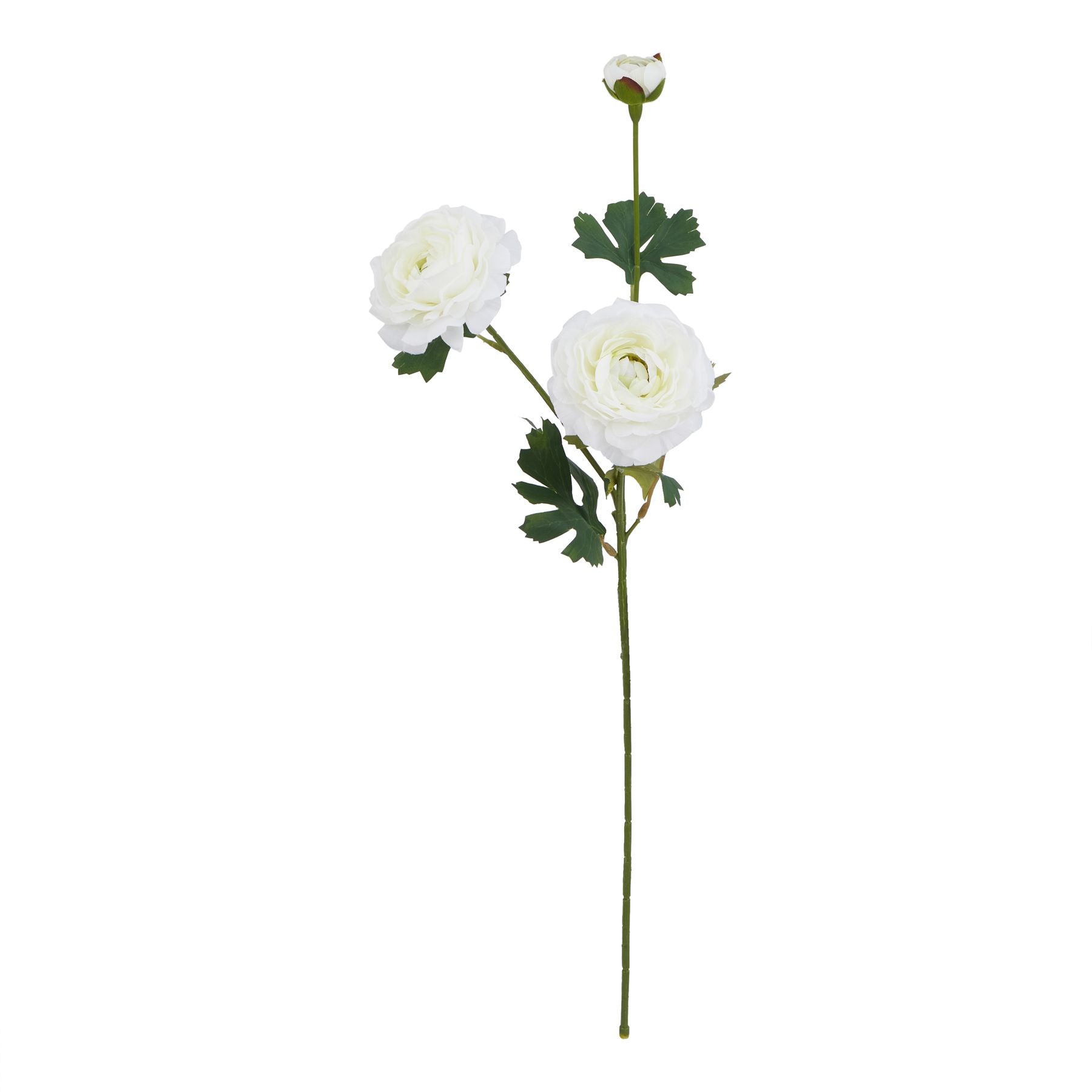 Artificial white Ranunculus stem featuring intricate layered petals and vibrant green leaves, ideal for elegant decor.