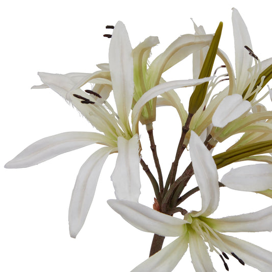 Faux white Nerine lily stem with star-shaped florets, slender petals, and prominent stamens, perfect for elegant arrangements.
