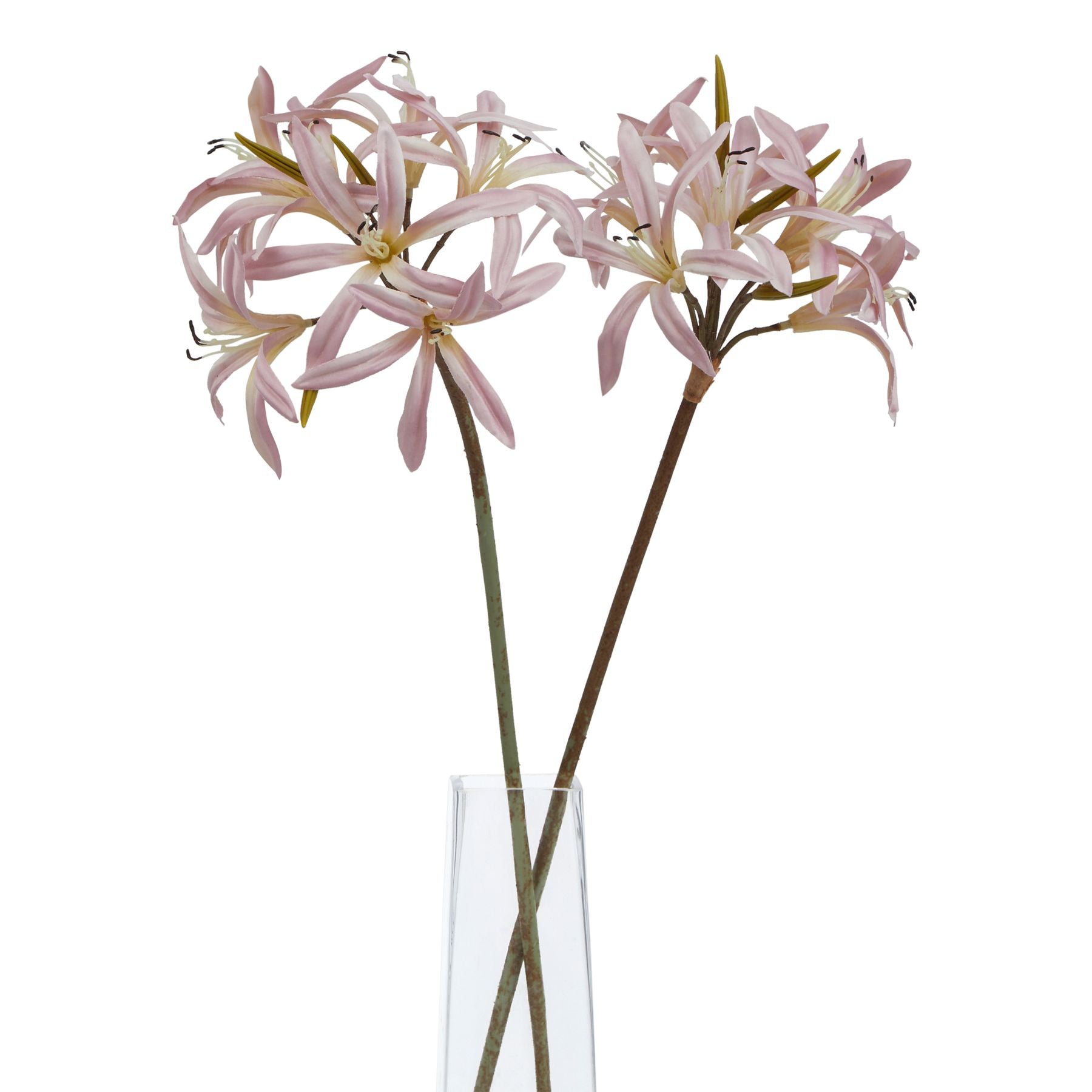 Lifelike pink lily stem with soft blush petals and slender green stem, elegantly displayed in a clear vase.