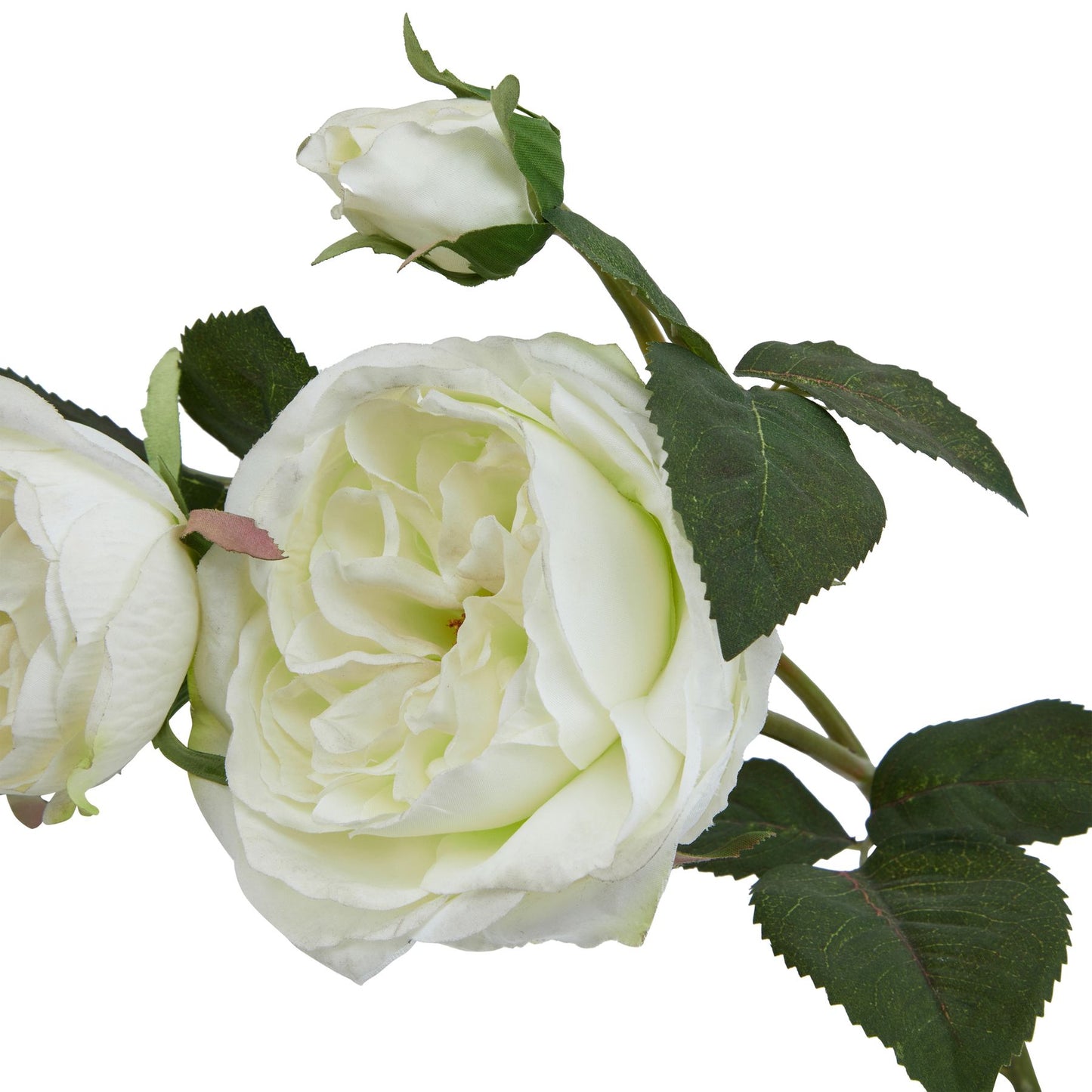 Lifelike white charity rose with delicate petals and lush green leaves, perfect for elegant home decor or gifts.