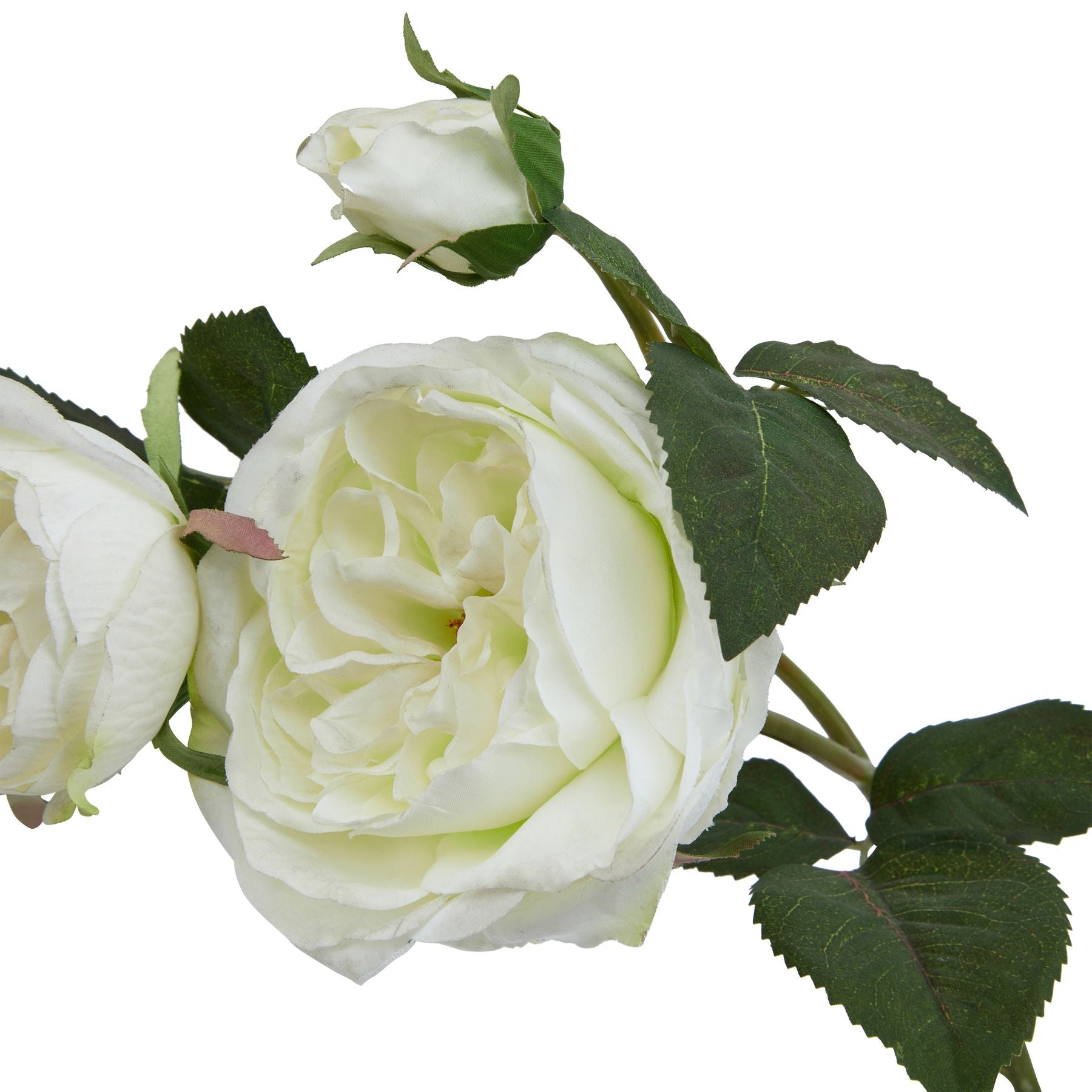 Lifelike white charity rose with delicate petals and lush green leaves, perfect for elegant home decor or gifts.