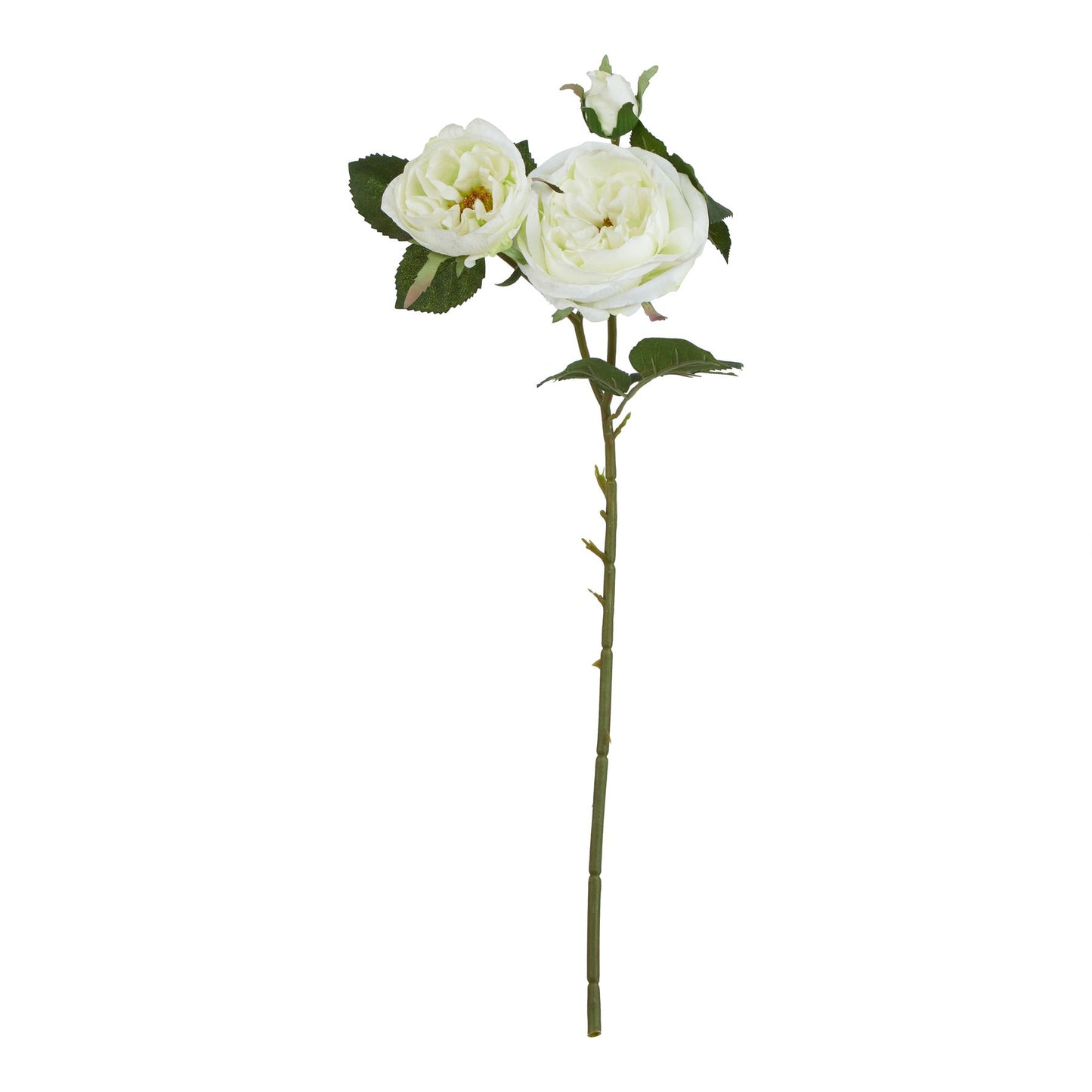 Creamy white artificial rose with lush green leaves on a long stem, ideal for elegant home decor and centerpieces.
