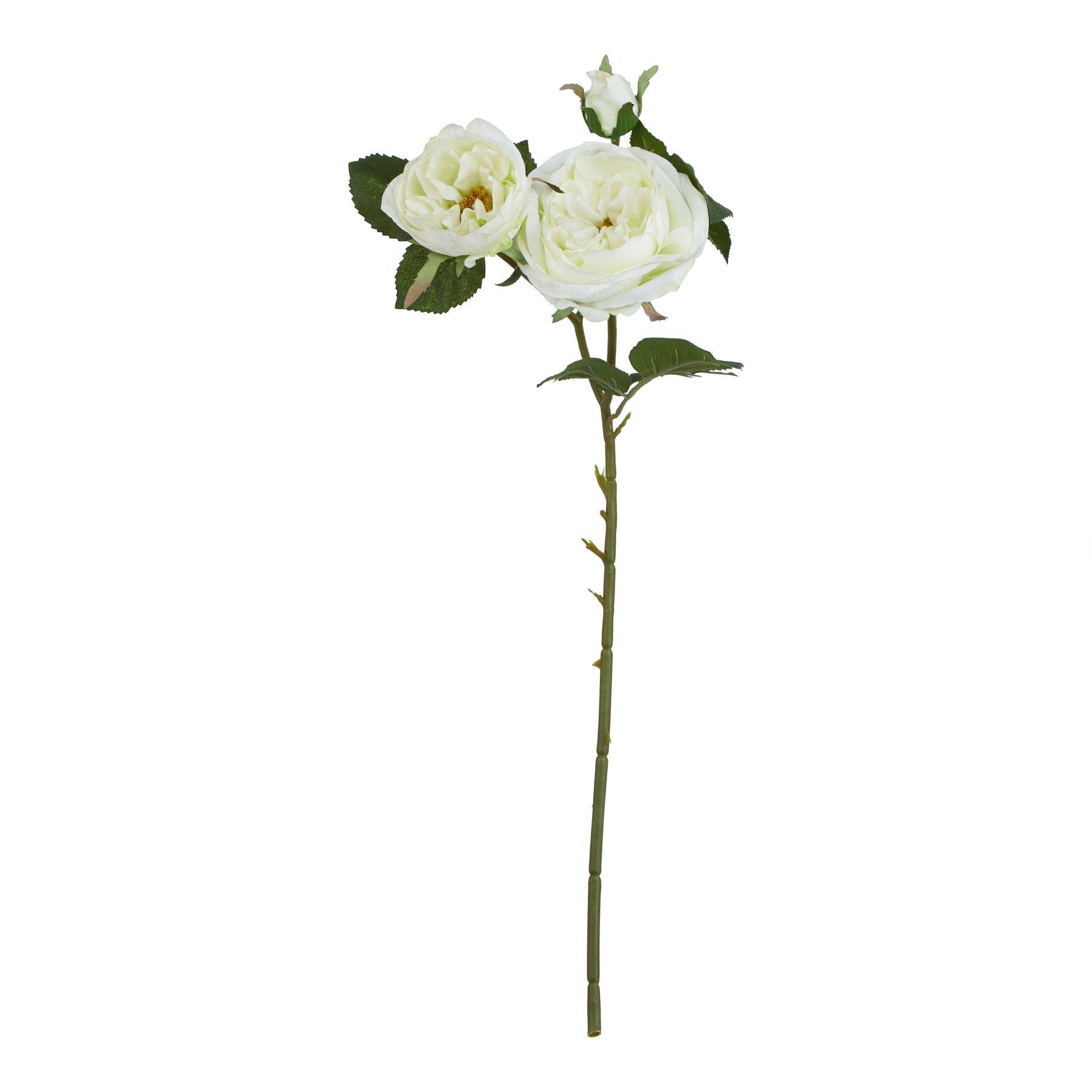 Creamy white artificial rose with lush green leaves on a long stem, ideal for elegant home decor and centerpieces.